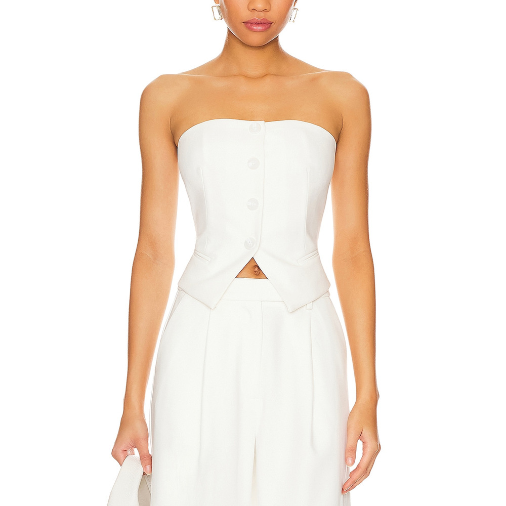 Strapless White Tailored Button-Front Corset Top